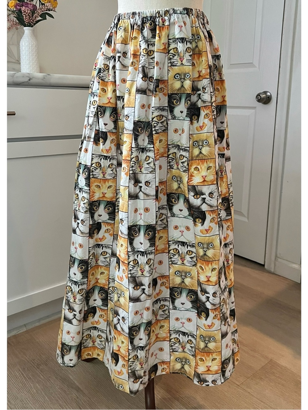 Cat Lovers Handmade Cat Face Collage Novelty Gathered Pleated Cotton Maxi Skirt